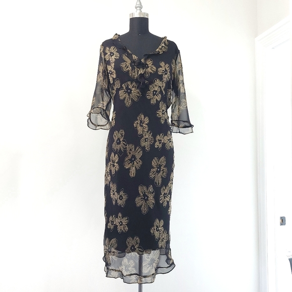 Vintage Dresses & Skirts - Vintage Y2K Dark Floral Ruffle Beaded Midi Dress